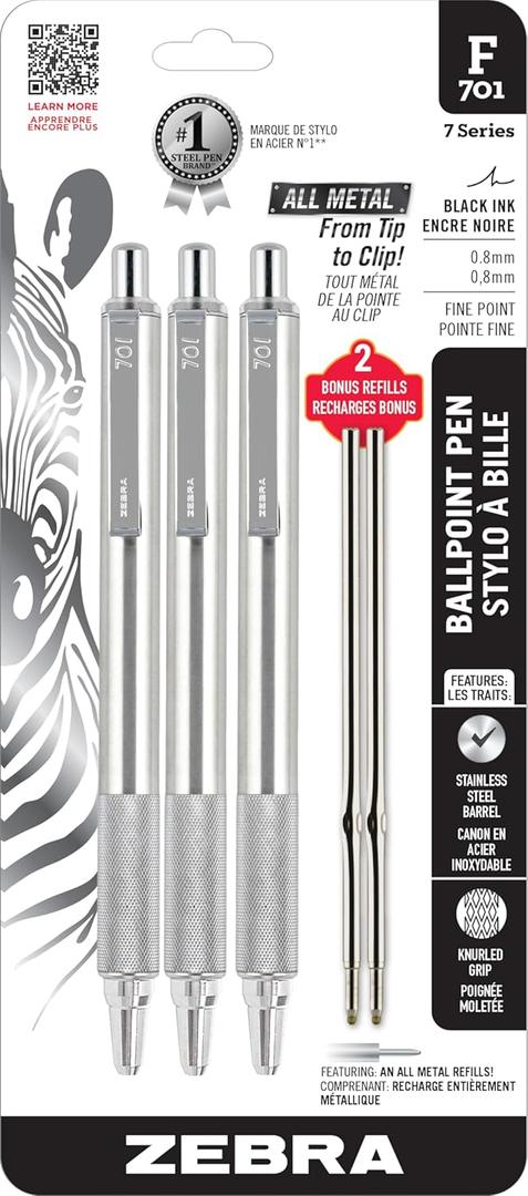 Zebra Pen F-701 Ballpoint Black Ink Fine Point 0.8mm Pen, Heavy Duty, Durable Stainless Steel Barrel, Knurled Grip, Silent Retractable Plunger, Ideal for Tactical Use, 3-Pack Plus 2 Refills (29412)
