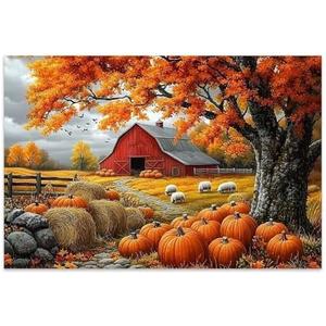 Yesad Fall Scenery Canvas Wall Art, Thanksgiving Pumpkin Autumn Landscape Poster, Autumn Farmhouse Wall Art Pumpkin Canvas Painting Picture Home Wall Décor (Unframed, 18”x12”, Fall Art1)