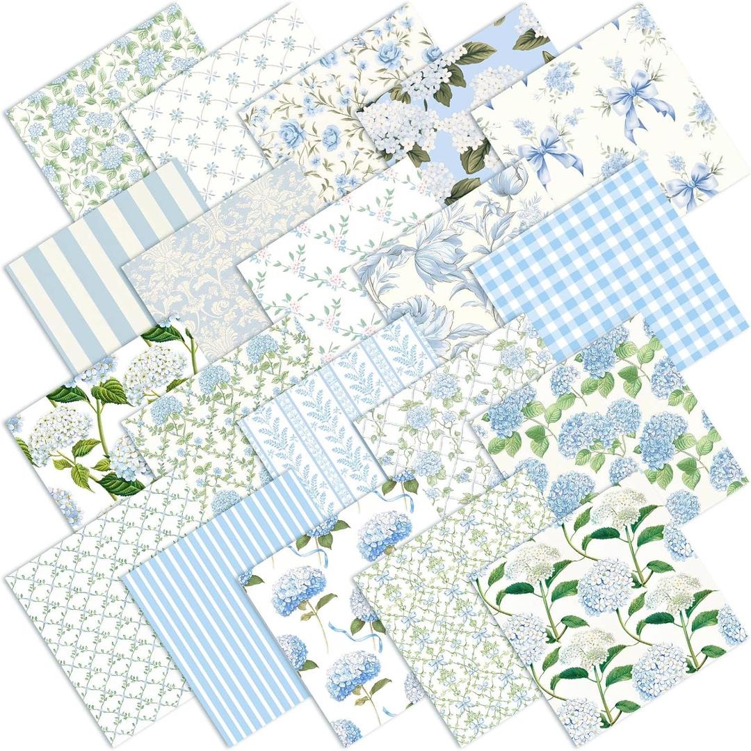 Ganeen 60 Pcs10x10 Inch Hydrangea Fabric Square Bundle Watercolor Dusty Blue Floral Quilting Fabric Plaid Printed Stripe Fat Patchwork Precut Stripes for Spring DIY Handmade Materials Craft Sewing