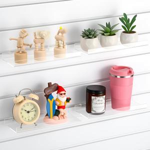 Yalikop 4 Pcs Slatwall Shelves, 10 x 4 Inch Clear Acrylic Slatwall Shelves Organizer Wall Mounted Hanging Accessories for Retail Display Garage Home Shoe Stores Boutiques Supplies(No Fence Style)