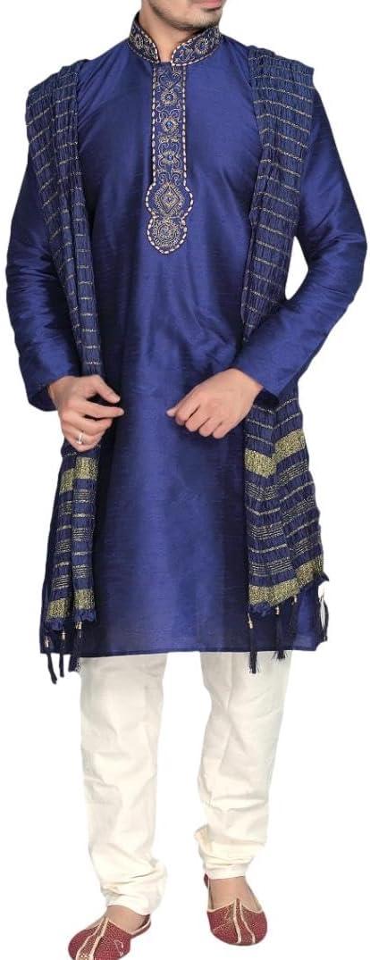 MKP9007 Blue and Ivory Men's Kurta Pyjama Indian Suit Bollywood Sherwani (4X-Large)