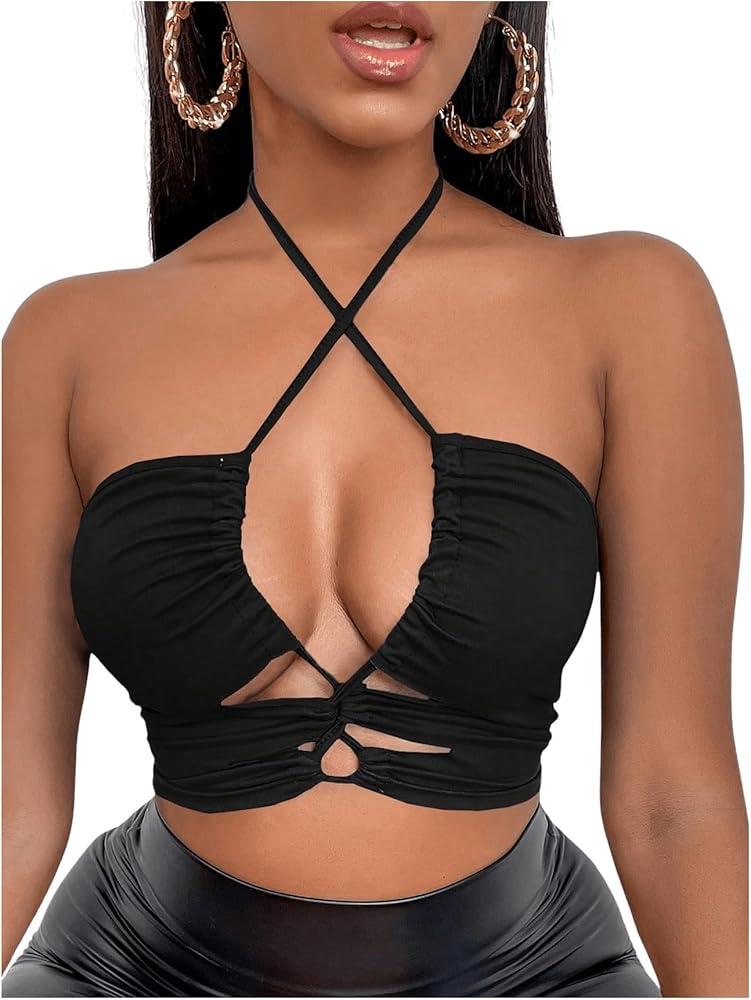 SOLY HUX Women's Cut Out Halter Tops Criss Cross Backless Ruched Party Club Crop Tops, Size S, Black