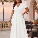 Runwind Women’s Plus Size Maxi Dress Short Sleeve Casual Summer Long Dress Solid V-Neck Dresses (White, XL)