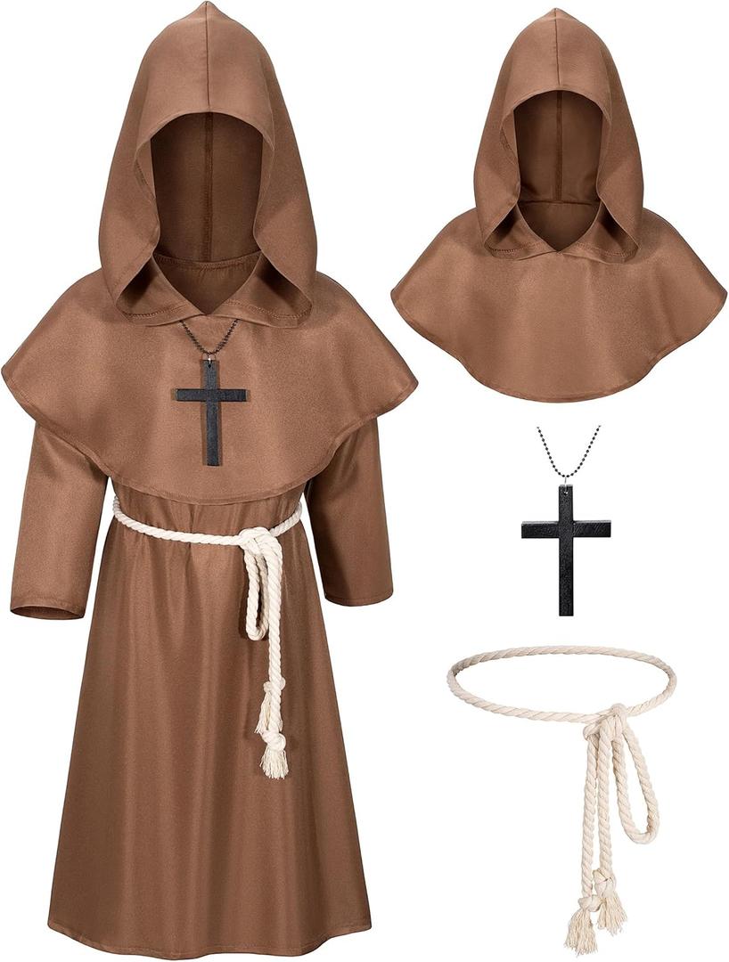 Kids Medieval Renaissance Monk Costume Priest Friar Wizard Cloak Hooded Robe Cosplay Costume Belt Necklace Set(BW 140)