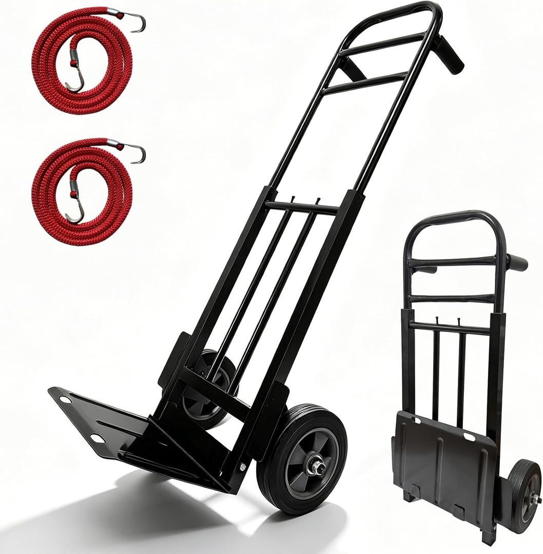 Heavy Duty Folding Hand Truck Dolly with Bungee Cords, 800 LB Dolly Cart | 8" Solid Rubber Wheels, 2*Bungee Cords, Compact Foldable Alloy Steel Design for Warehouses, Homes, Offices, andSmall Business