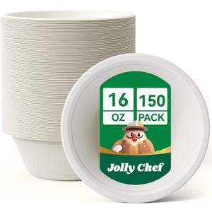 JOLLY CHEF Compostable Disposable Paper Bowl [16 oz] Heavy Duty Soup Containers [150 Pack] Biodegradable Bagasse Hot Cold Food Eco-Friendly Sugarcane Microwavable Bowls for Salad Milk Thanksgiving Day