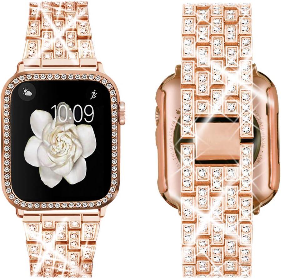 Supoix Compatible with Apple Watch Band 42mm  Case, Women Jewelry Bling Diamond Rhinestone Replacement Metal Bands & 2 Pack PC Protector Case for iWatch Series 3/2/1