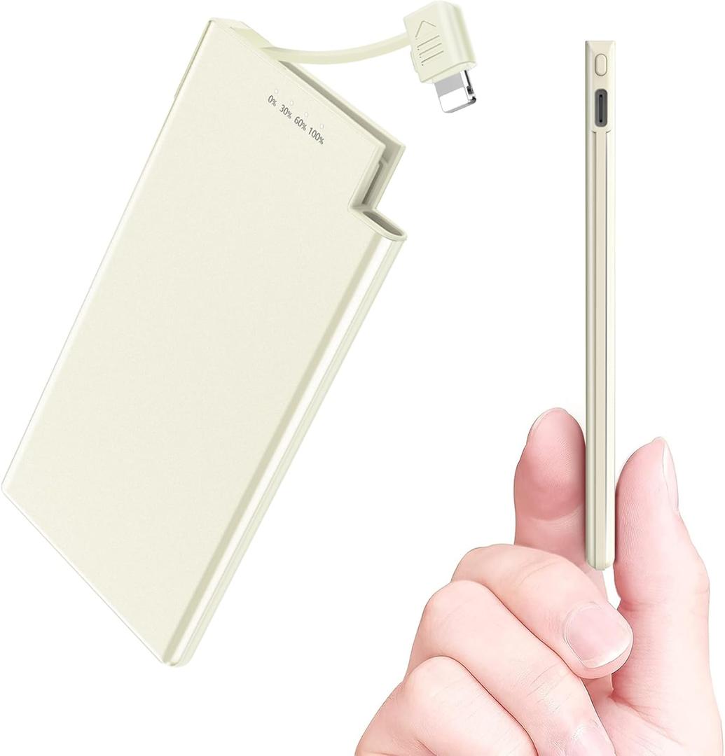 Thin Portable Charger for Phone with Built in Lightning Cable- 5000mAh Slim Travel Power Bank Compatible with iPhone 14/13/12/11/X/8/7/6/5 Series Thin Battery Pack (Not for iPhone 16 15 Series)