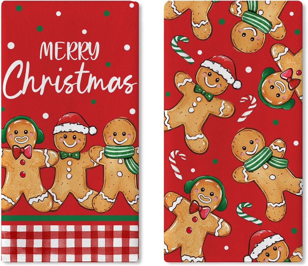 Merry Christmas Gingerbread Man Red Kitchen Dish Towels Set of 2, Xmas Candy Cane Buffalo Plaid Drying Hand Towel Baking Cooking Cloth, Winter Holiday Bathroom Home Decoration 18 x 26 Inches