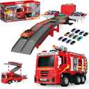 3in1 Fire Truck Toy with Foldable Race Track & 12 Diecast Race Cars Toys, Fire Trucks for Toddlers 3-5 with Lights & Sounds, Carrier Truck Car Kids Toy Gift for Age 3 4 5 6+ Year Old Boys Girls