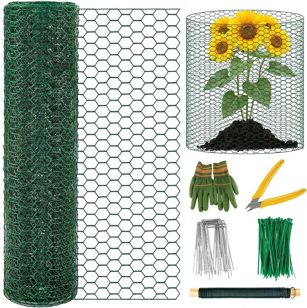Convivium Plant Protectors from Animals, 0.8mm Free-Cut Green Chicken Wire Mesh, PVC Coated Tree Trunk Guard & Garden Fence for Outdoor Plants with Zip Ties, Stakes, Pliers, Gloves16.7 Ft*24In