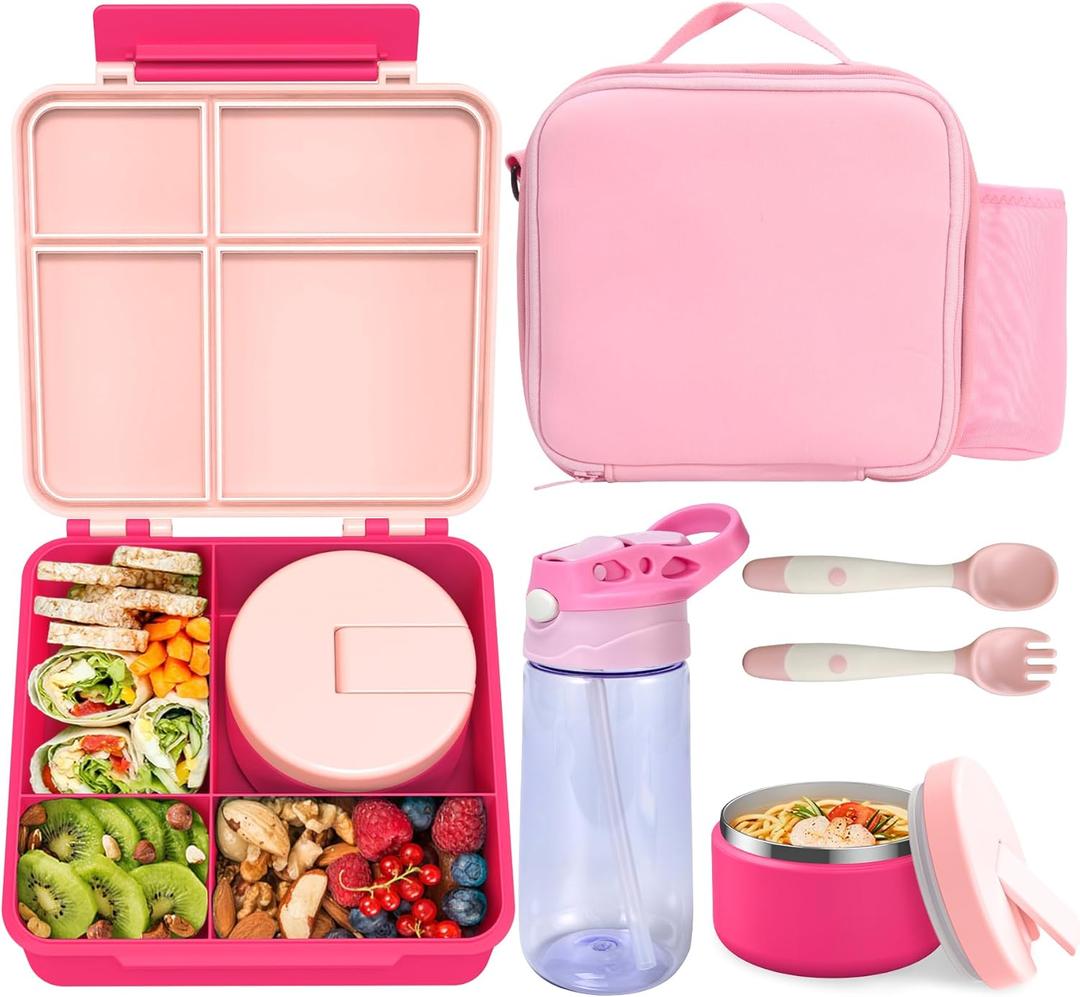 Kids Bento Lunch Box with 8oz Soup Thermo, Water Bottle, Leakproof Lunch Food Containers with 4 Compartment, Kids Insulated Hot Food Jar with Lunch Bag for School(Pink)
