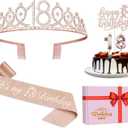 18th Birthday Decorations for Girls, Including Sash, Crown/Tiara, Candles, Cake Topper, 18th Birthday Gifts for Girls, Rose Gold Party Decor Supplies