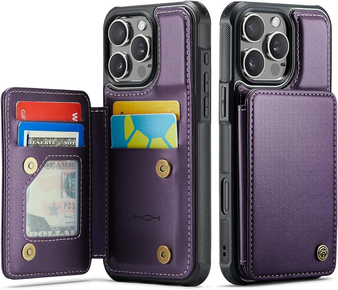 Vinich for iPhone 16 Pro Max 6.9" Wallet Case with Card Holder, RFID Blocking Credit Slots Kickstand Shockproof Phone Cover for Women Men, Purple