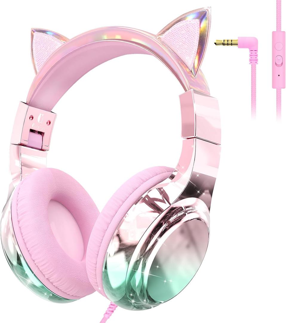 QearFun Kids Cat Ear Headphones Wired with Mic, 85/94dB Safe Volume Limit, Sparkly Wired Headset, Foldable, Sharing Port & Tangle-Free Cord for School, Chromebook, Tablet, Travel, Boys & Girls
