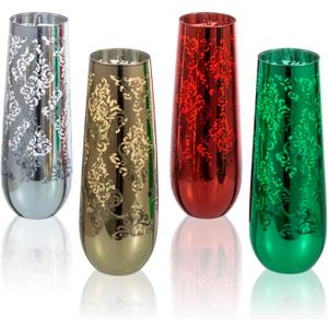 MyGift 9 oz Modern Christmas Color Champagne Flutes with Baroque Pattern, Holiday Multicolored Toasting Glasses, Sparkling Wine Slim Stemless Glass, Set of 4