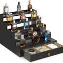 EsLuker.ly Perfume Organizer Cologne Holder Stand for Men, Wooden Cologne Display Shelf for Dresser Countertop, 5 Tier Large Capacity Storage Rack with Drawer, Keep Fragrance Neat & Accessible (Black, 5 Tier)
