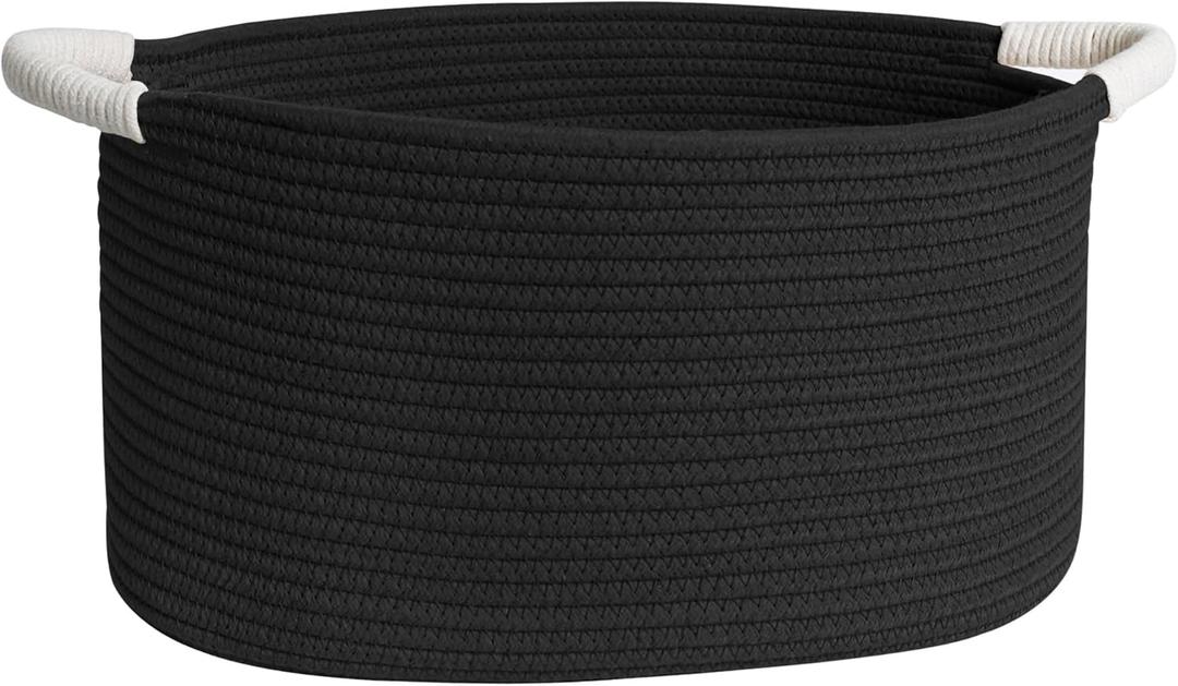 Woven Dog Toy Basket, 15.7"x11"x8" Cotton Rope Dog Toy Bin Box for Living Room, Decorative Cat Pet Supplies Puppy Bin with Handles, Soft Cat Toy Basket Organizer, Wicker Storage Holder, Black