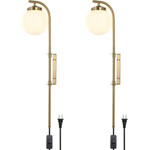 ELEHINSER Gold Wall Sconces Set of 2 with Globe Shade, Modern Indoor Plug in Wall Lamps with Switch, Angle Adjustable Light for Bedroom Living Room Study Hallway Bedside