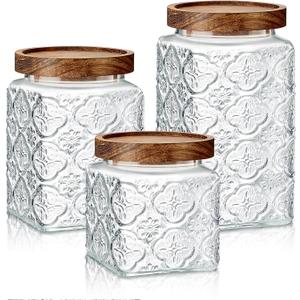 Gerrii 3 Pcs Glass Food Storage Containers 17/24/34 oz Vintage Glass Jar with Lid Begonia Pattern Airtight Candy Jar Food Jars Canisters for Kitchen Counter Pantry Coffee Tea Beans (Square)
