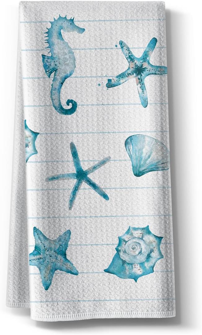 Kitchen Towels for Women-Funny Joked Starfish Seahorse Scallop Ocean Themed Absorbent Microfiber Bar Tea Towel, for Mom Birthday Christmas-Blue 16" x 24”