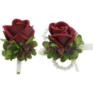 3 x MAFELOE Boutonniere Corsage Set, Artificial Flowers Accessories for Wedding Prom Party Homecoming Celebration Suit Decorations-2 Pieces Burgundy+Green