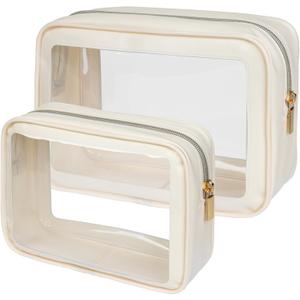 PACKISM Pack of 2 Clear Makeup Bag 1 Large 1 Medium - Soft Frame TSA Approved Toiletry Bag Perfect for Travel-size Bottles, Multipurpose Organizer Car Storage Bag, Beige