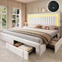 YITAHOME King Size Bed Frame with Velvet Vertical Tufted Upholstered Adjustable Headboard, 4 Storage Drawers, RGB LED Lights and USB Ports, No Box Spring Needed, Fast Assembly, Noise-Free, White