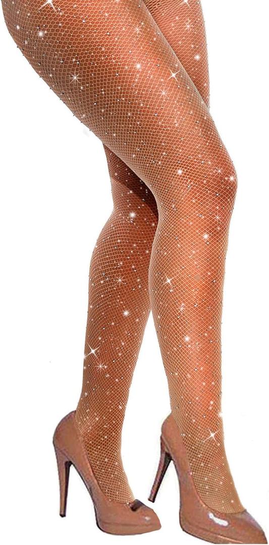 VEBZIN Sexy Sparkly Fishnets Stockings Jeweled High Waist Fishnet Tights for Women Rhinestone Party Pantyhose (Nude)  One Size 
