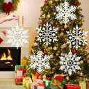 EIMMBD 6pcs Large Snowflakes Ornaments, 12 Plastic Glitter Snowflake Decorations for Indoor Outdoor Christmas Trees Window Room Winter Party Craft (White)