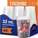 Stack Man 32 oz Deli Containers with Lids (48 Sets) Quart Clear Plastic Food Storage Containers, Airtight Leak-Resistant Seal, BPA-Free, Microwave & Freezer Safe, Meal Prep Soup Takeout To-Go