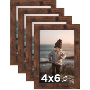 KINLINK 4x6 Picture Frame Rustic Brown Set of 4, Wooden Photo Frames with Plexiglass for 4x6 without Mat for Table and Wall Display