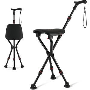 Walking Cane with Seat Holding 400 lbs Heavy-Duty Folding Cane Chair with Upgraded Detachable 3 Legs, ABC Markings, Adjustable 19"-22" Seat Height, Large Comfort Seat for Seniors