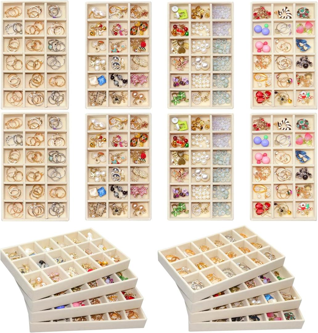 8 Pack Stackable Jewelry Organizer Tray Velvet Jewelrry Storage Drawer Insert Earring Stacking Trays for Dresser 18 Grids (Beige)