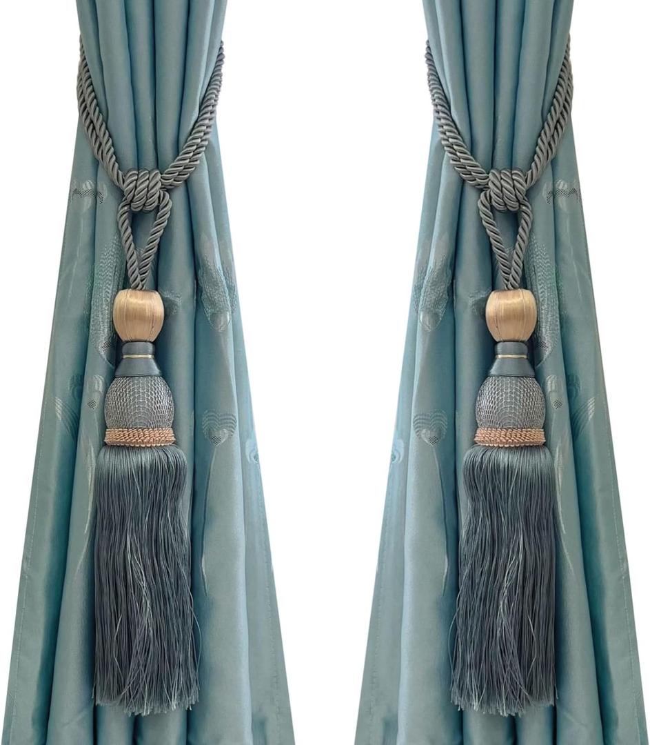 Selling Wonderful Curtain Holdbacks Curtains Tiebacks Home Decorative Braided Buckle Fastener Accessories Window Drapery Ball Tassels Tiebacks, Set of 2(Gray Blue)