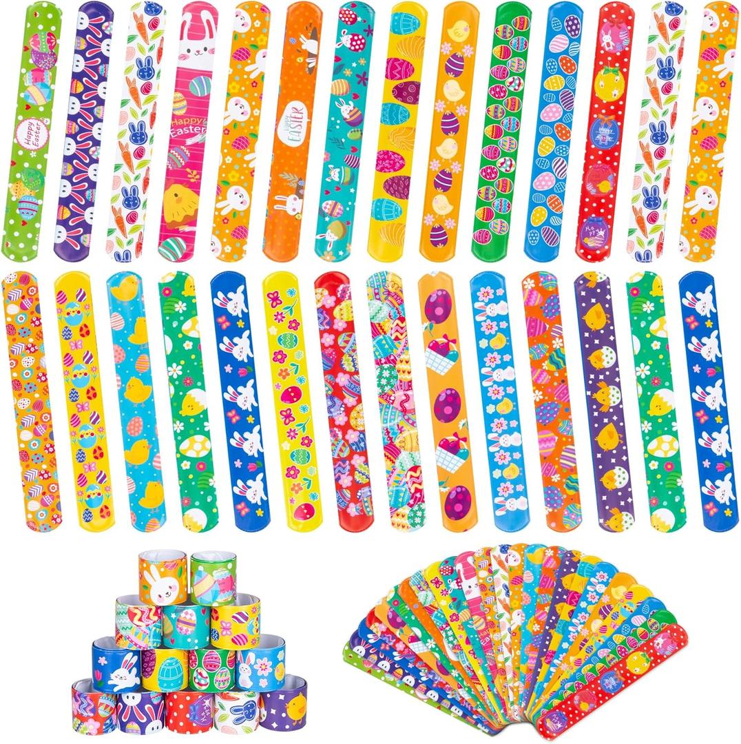 48 Pieces Easter Day Slap Bracelet for Kids, 24 Styles Colorful Easter Slap Wristbands Bulk for Kids Party Favors Supplies Classroom Prizes Exchange Gifts