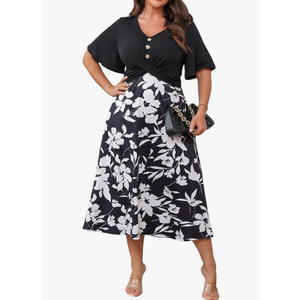 ZNU 2025 Plus Size Floral Summer Dress for Curvy Women - Elegant V Neck Party Casual Midi Dress with Pockets Short Sleeve
xl