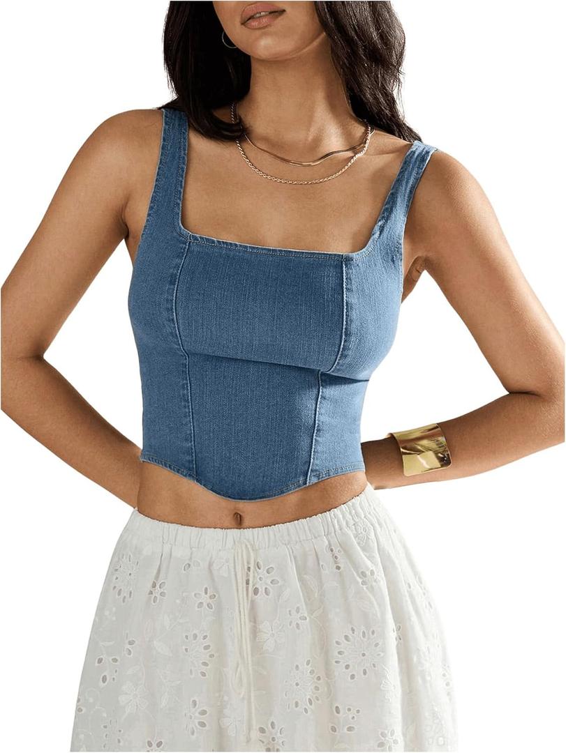 SHENHE Women's Denim Tank Top Sleeveless Square Neck Backless Slim Fit Y2k Crop Top (Blue, M)