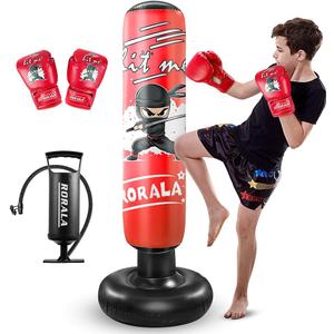 Inflatable Kids Punching Bag, 63 Inch Boxing Bag Toy with Gloves, Manual Air Pump, Great Gift for Boys Girls Age 3-12 (RED)