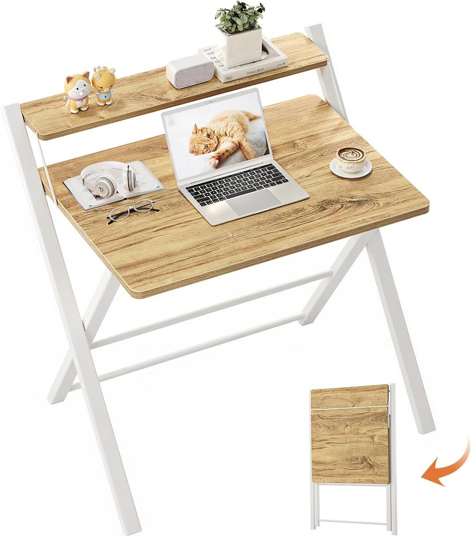 GreenForest Portable Small Desk No Assembly, 2-Tier Compact Computer Desk with Shelf, Space Saving Foldable Table for Home Office, Bedroom or Apartment, Portable Collapsible Sturdy Laptop Desk, Oak, 22 X 27.3 Inch
