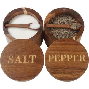 Salt Cellar, Elegant Salt and Pepper Set, 2PCS Acacia Wood Salt Container with Built-in Spoon & Swivel Lid, Engraved SALT & PEPPER Box, Salt Holder for Countertop Seasoning Storage