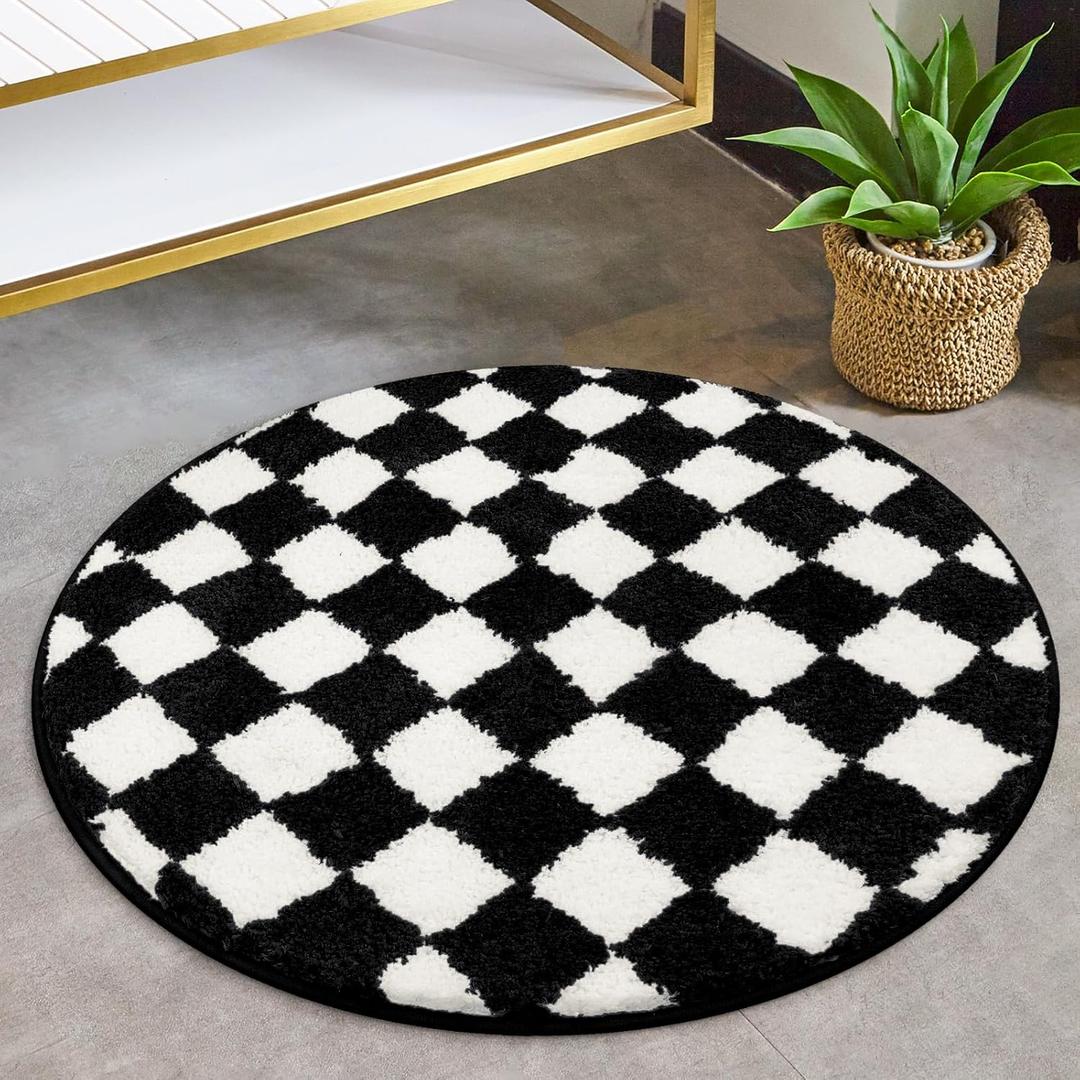 Checkered Round Bathroom Rugs, Machine Washable Black and White 2ft Bath Rug for Bathroom Non Slip Water Absorbent Bath Mat, Small Soft Plush Retro Circle Bathroom Mat for Tub Shower Entryway