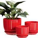 Ton Sin Ceramic Plant Pots - 4/5/6 Inch Red Planters Set of 3 with Drainage Holes and Saucer - Indoor Flower Pots for Plants Ceramic Planters for Indoor Gardening Succulent Pots