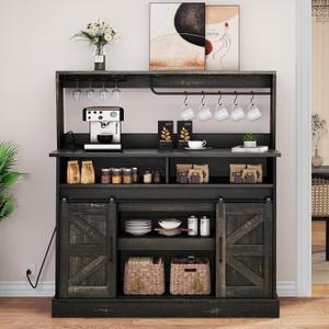 YITAHOME Buffet Cabinets with Upper Rack, Farmhouse Coffee Bar Cabinet with Power Outlet & Goblet Holder, 47 Inch Sideboard Cabinets with Sliding Barn Door for Kitchen, Living Room (Dark Rustic Oak)