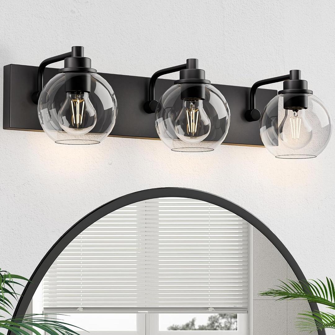 Bathroom Light Fixtures-Matte Black Vanity Lights for Bathroom, Modern Black Vanity Lights 3-Light Bathrooms Lighting Fixtures Over Mirror with Clear Glass Shade