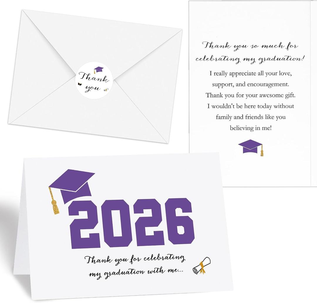 Motipuns 100 Sets Purple 2026 Graduation Thank You Cards with Envelopes and Stickers Pre-printed Message Bulk Appreciation Notes College Greeting Card for Guest Family Teacher Classmate