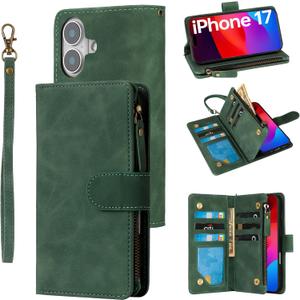 RANYOK Wallet Case Compatible with iPhone 17 Case, with 6 Card Holder RFID Blocking, PU Leather Zipper Flip Wallet Pocket, Kickstand, Wrist Strap | Protective Phone Cover for 17,Black Green