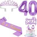 40th Birthday Decorations for Women Purple with 40th Birthday Sash and Crown, Cake Topper and Candles, Number Balloons, 40 Year Old Gifts for Women