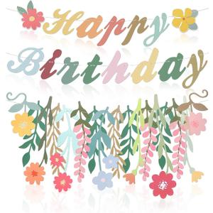 2 Pcs Birthday Decorations for Women Flower Birthday Decorations Spring Pink Decor Flowers and Circle Dot Garland Boho Pre Strung Banner