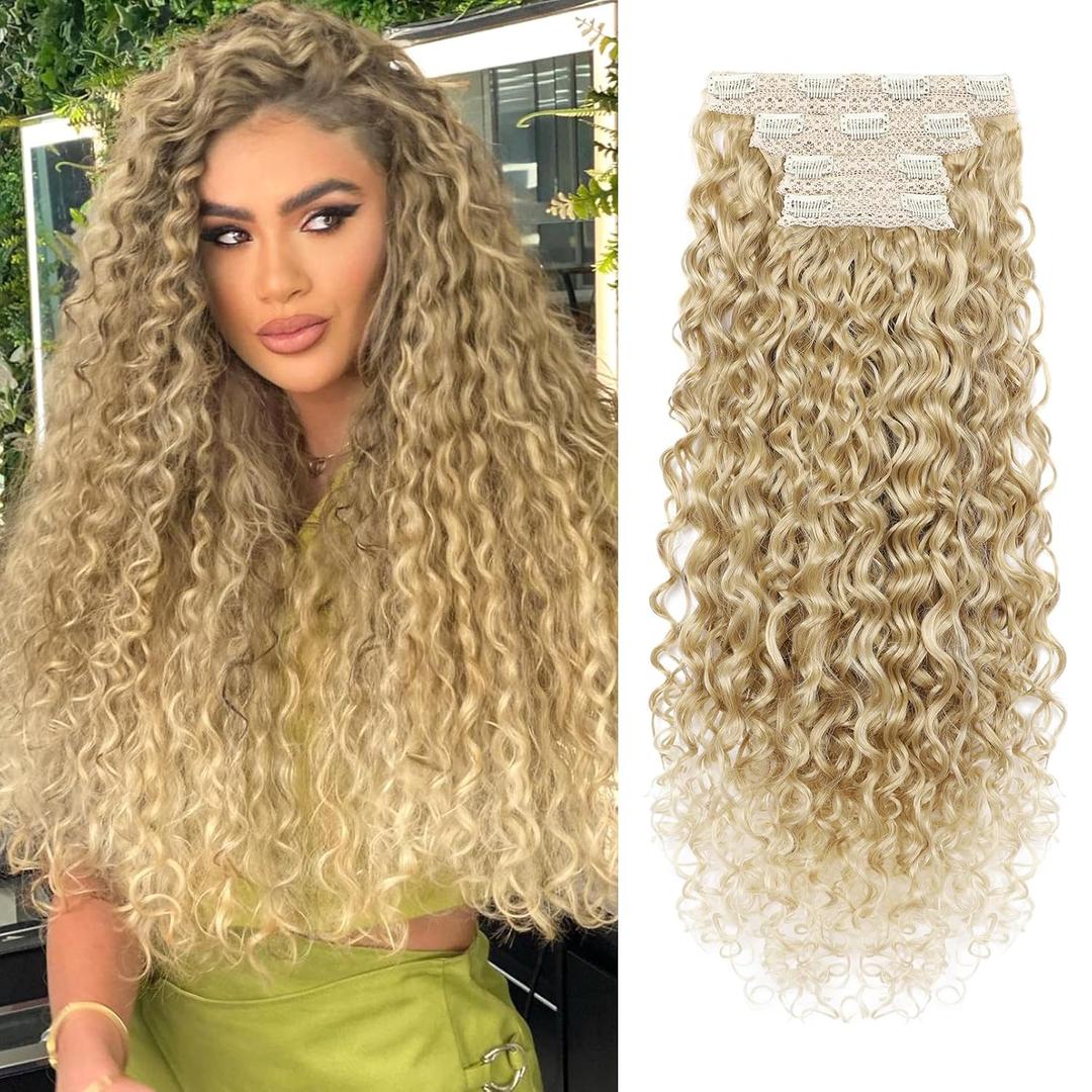 LONAI 4PC Clip in Hair Extensions, 100 Pure Protein Silk Curly Hair Extension for Women, 26 Inch Long Soft Natural Hair Extensions-Medium Blonde to Light Blonde
